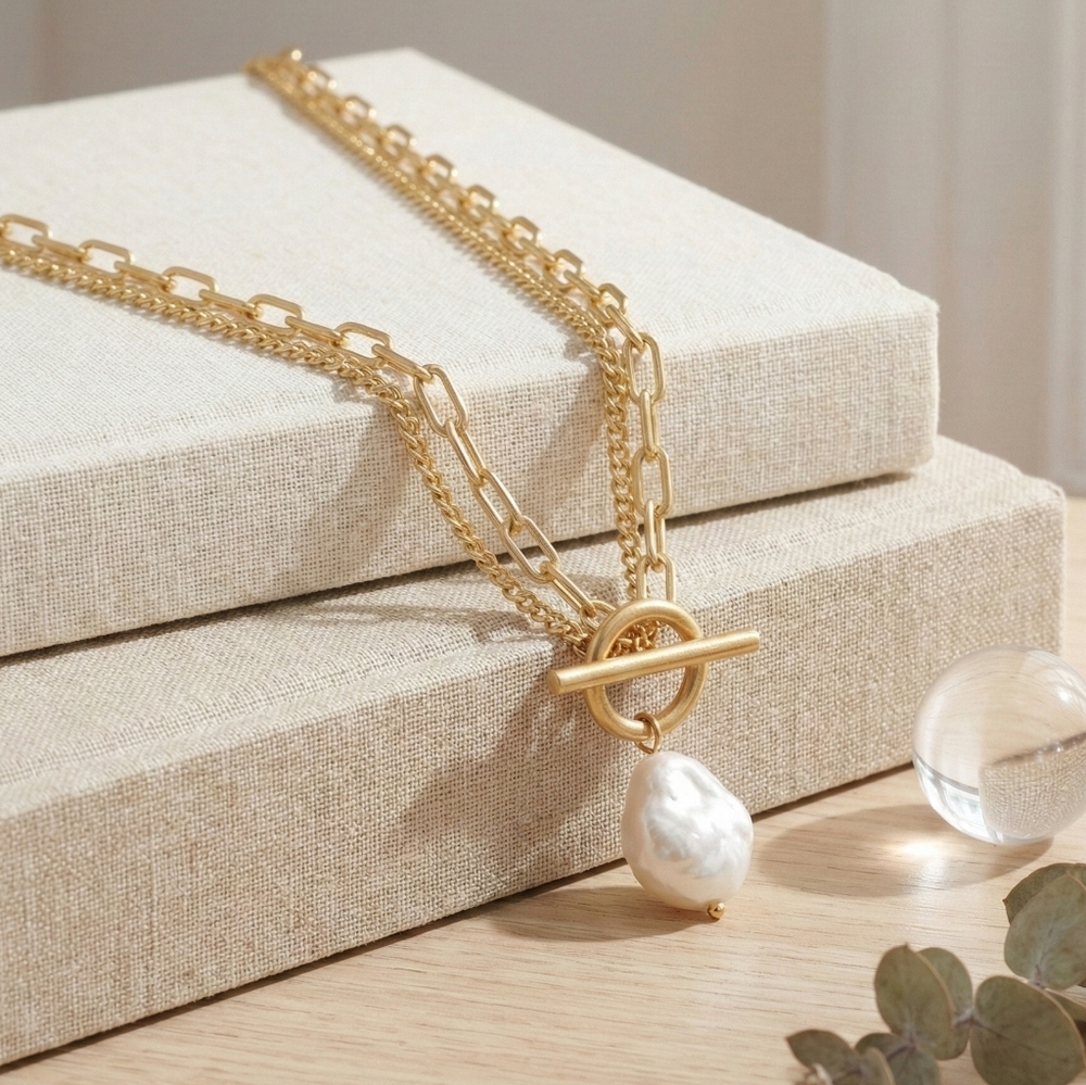 18K Gold Plated Steel Pearl Toggle Necklace Minimalist Water Resistant Gift - Picture 6 of 16